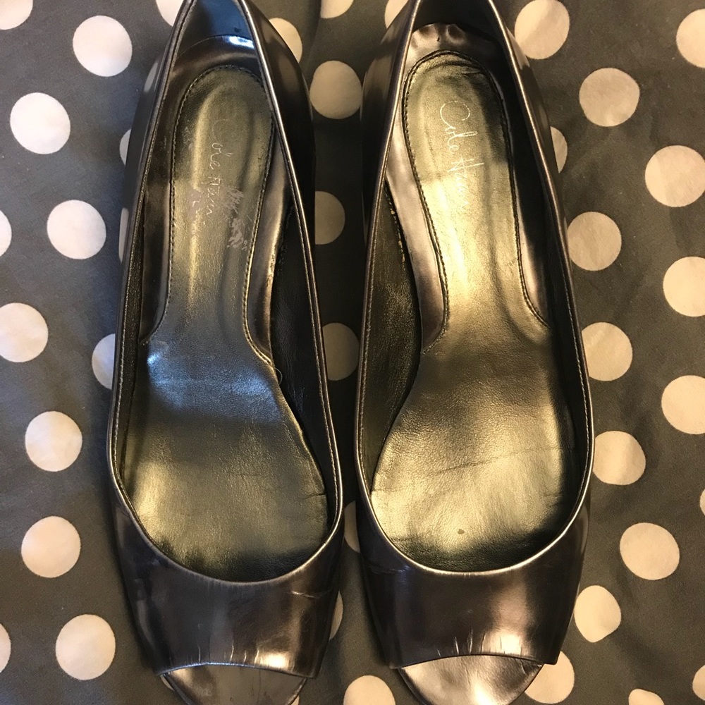 Cole Haan silver peep toe wedge 8.5.